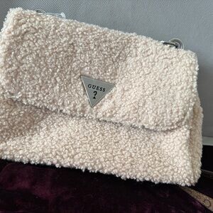 GUESS Cream Sherpa Flap Shoulder Bag with Silver Logo